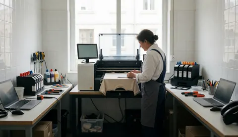 A DTG printer prepared to print a t-shirt in a workshop with white tiled walls and natural light, suitable for textile printing services.