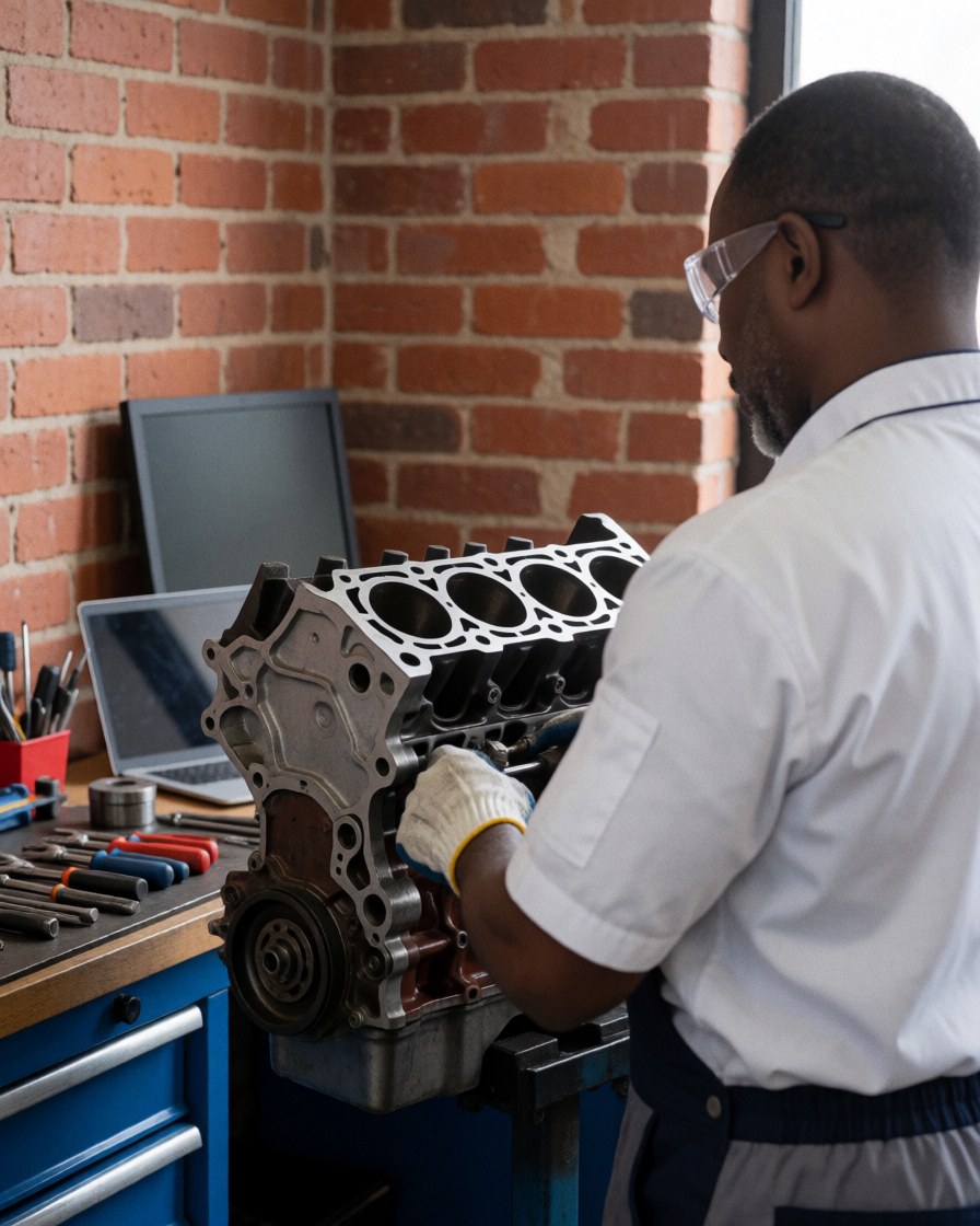 Mechanic repairing an internal combustion engine on a workbench with organized tools and a brick wall background.