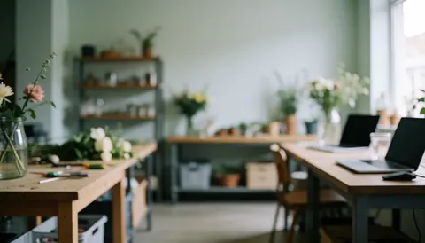 A bright florist workshop featuring wooden tables, flowers in vases, and tools, illuminated by natural light, ideal for text overlay