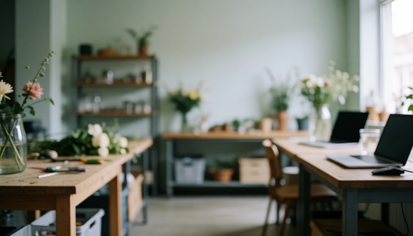 A bright florist workshop featuring wooden tables, flowers in vases, and tools, illuminated by natural light, ideal for text overlay