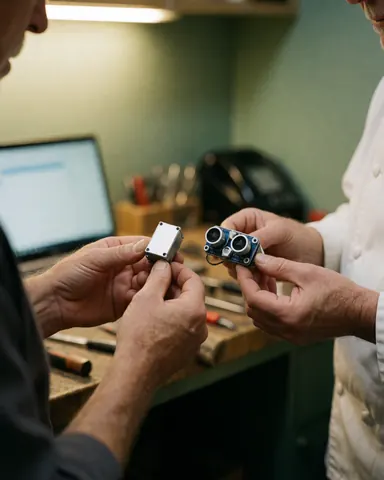 Close-up of hands comparing electronic parts on a workbench in a robotics workshop with tools and green walls under warm lighting