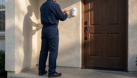 Technician in blue uniform installs a white motion sensor near a wooden door on a stucco porch in sunlight.