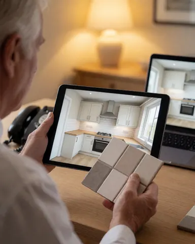 A customer compares physical tile samples with a 3D kitchen render displayed on a tablet during a consultation with a tiler in warm lighting.