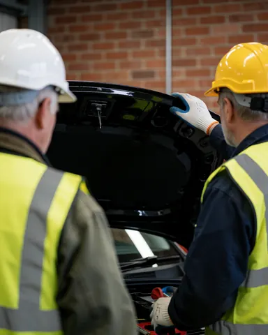 Two mechanics wearing helmets and vests inspect a shiny black car hood in a workshop with a red brick wall.