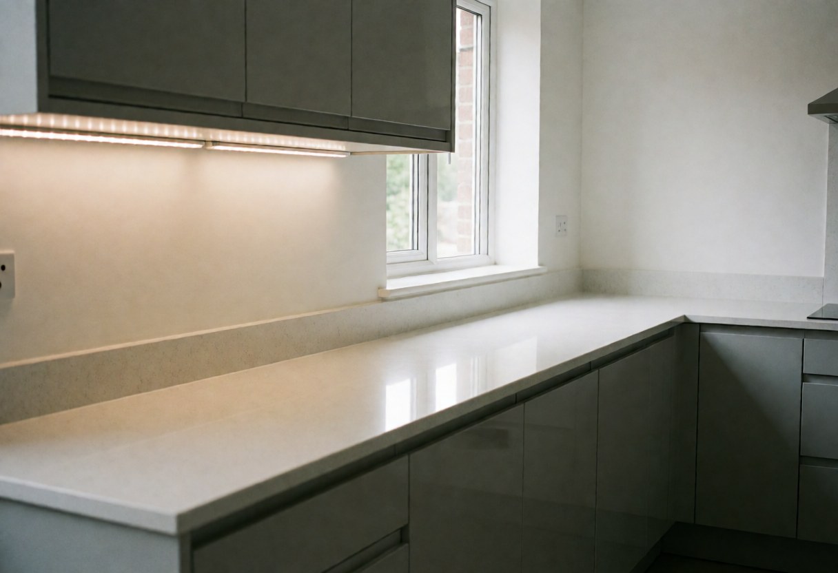 Modern kitchen interior featuring a white quartz countertop, gray cabinets, LED under-cabinet lighting, white walls, and a window with natural light.