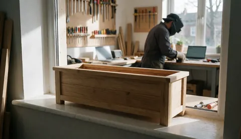 A finished wooden crate rests in a workshop window with tools and a worker in the background, ideal for carpentry businesses.