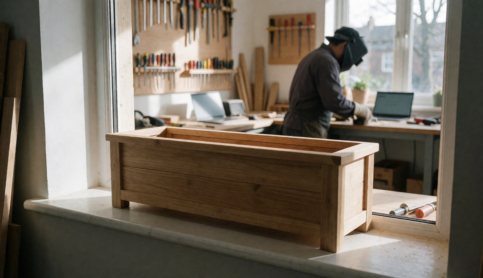 A finished wooden crate rests in a workshop window with tools and a worker in the background, ideal for carpentry businesses.