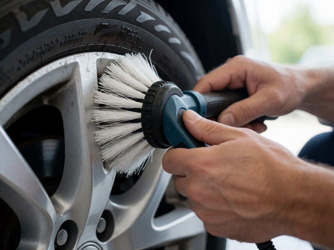 Close-up of hands using a brush to clean an alloy rim with white foam in a tire shop.