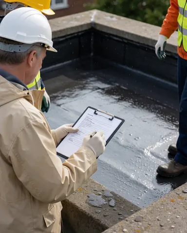A worker in safety gear inspects a newly waterproofed flat roof with a clipboard on a rainy day.