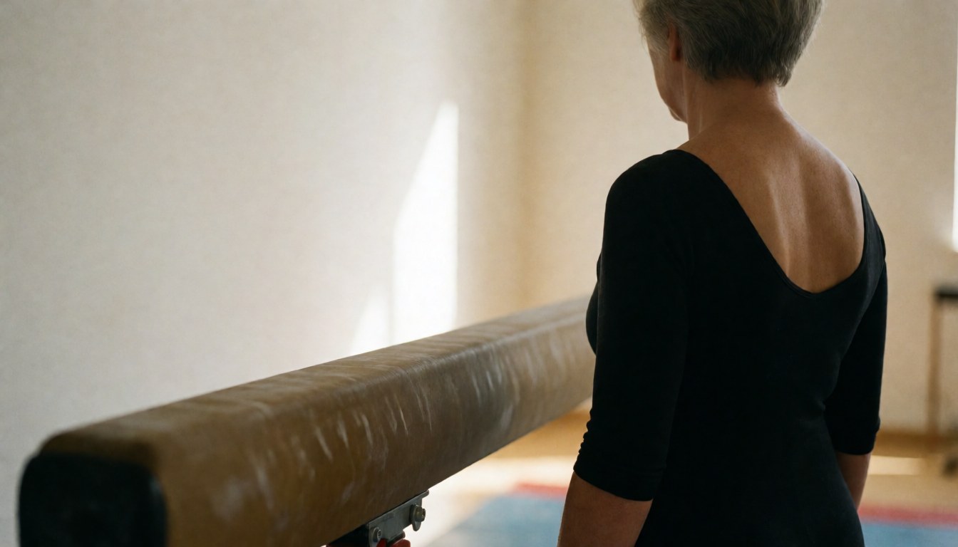 Gymnastics coach standing next to a balance beam in a gym with white walls and natural light