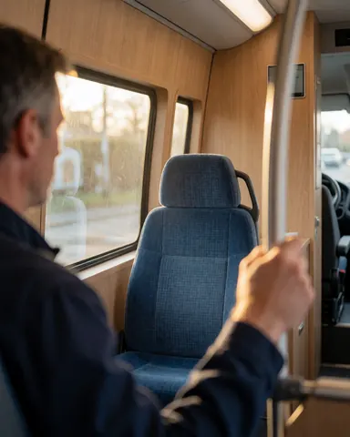 A passenger holds a handrail while looking at a blue seat in a public transport interior with wood panels and natural light.