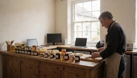 A man slices cheese on a wooden counter near a window with natural light, surrounded by honey jars and local products in a rural lodging setting.