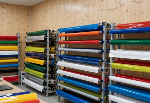 Colorful vinyl rolls stored on metal shelving units in a workshop with wooden walls and natural lighting