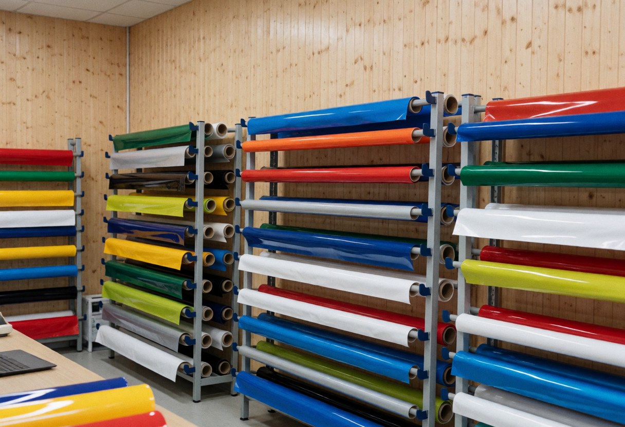 Colorful vinyl rolls stored on metal shelving units in a workshop with wooden walls and natural lighting