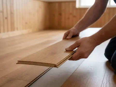 Close-up of hands installing a click-lock laminate plank onto an existing floor, featuring light wood walls and natural lighting.