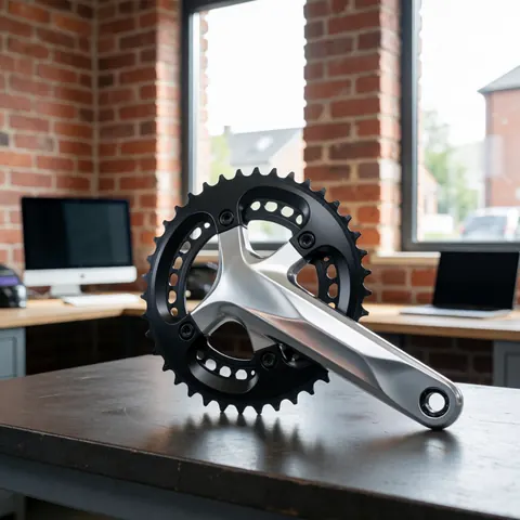 Bicycle crankset with power meter on a workbench in a workshop with brick walls and natural light