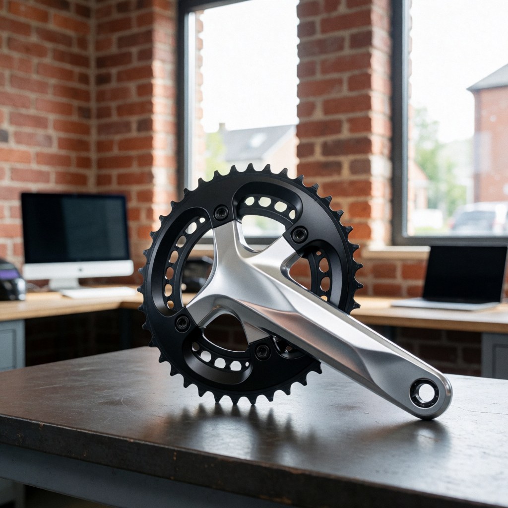 Bicycle crankset with power meter on a workbench in a workshop with brick walls and natural light