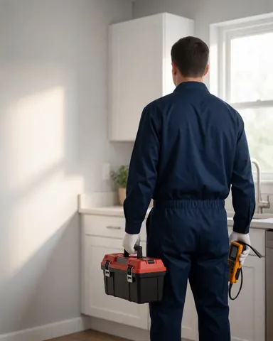 Technician in blue uniform holding tools and gas detector in modern kitchen with natural light
