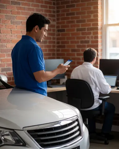 A customer reviews a mobile payment on their phone while standing next to a freshly washed vehicle in an office with a brick wall.