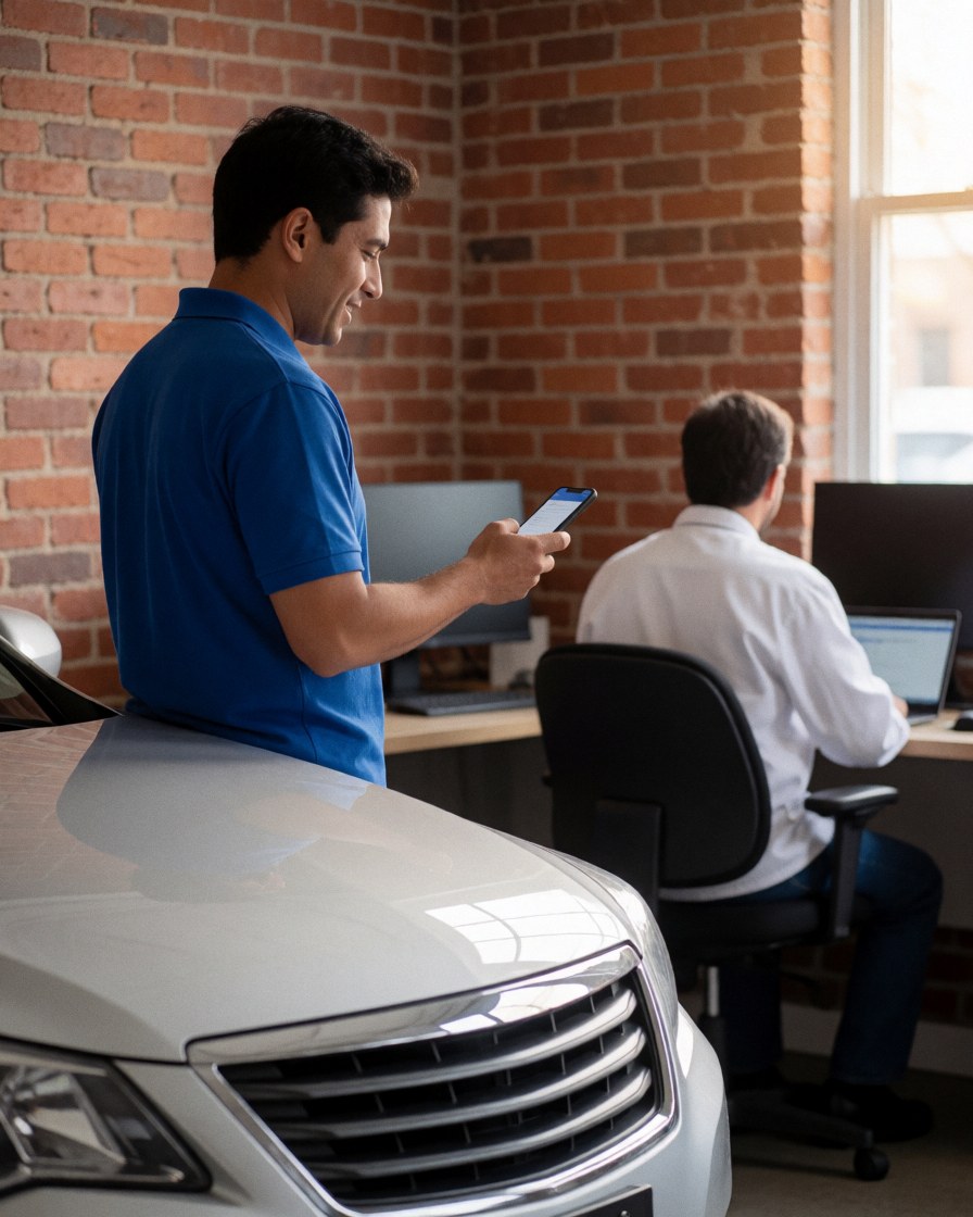 A customer reviews a mobile payment on their phone while standing next to a freshly washed vehicle in an office with a brick wall.