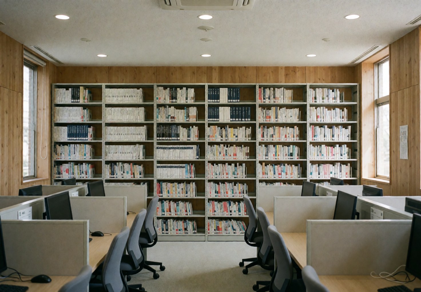 Technical library featuring metal shelves filled with books, study carts, ergonomic chairs, wooden walls, and natural light.