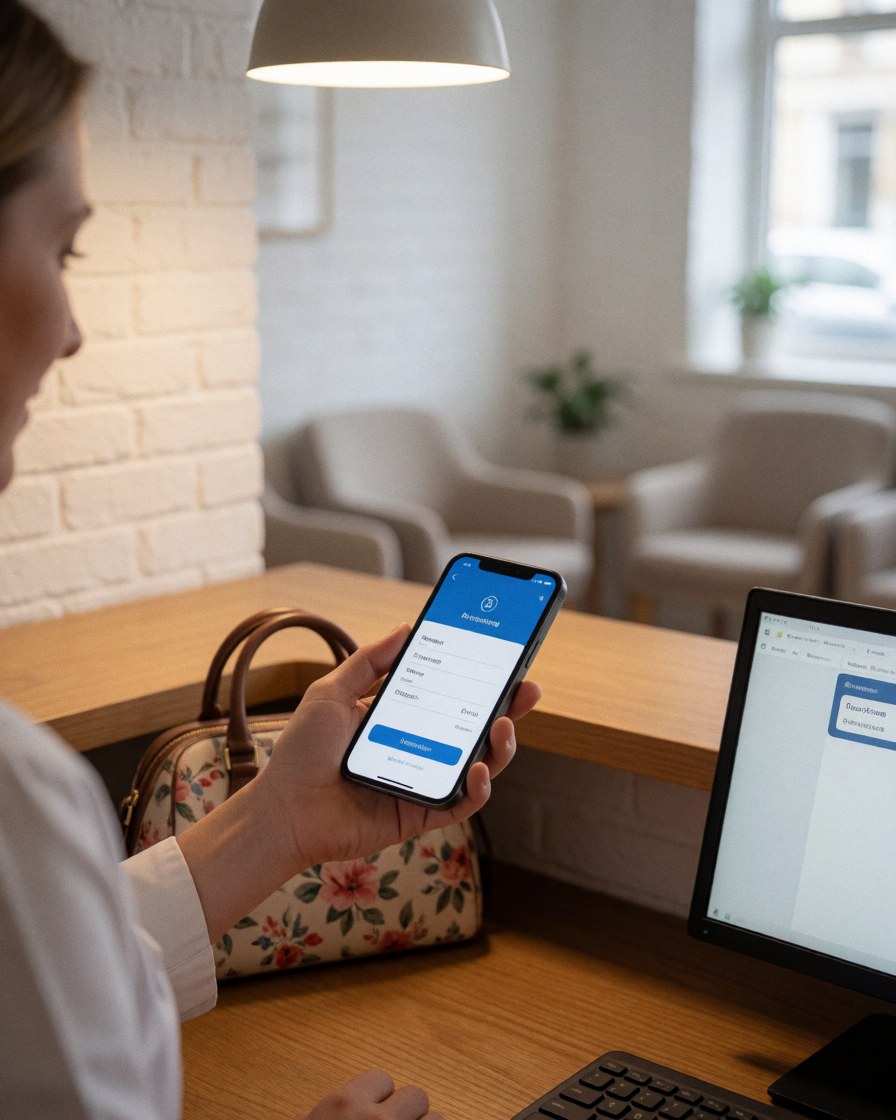 A woman stands at the reception desk of a dance school, holding a smartphone displaying a payment screen, with a waiting chair and white brick wall in the background.