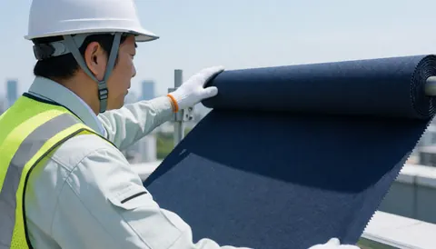 Worker unrolling navy blue awning fabric on a rooftop under a clear sky