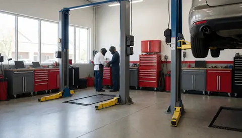 Elevated cars in a tire repair shop with tools in red booths and natural light