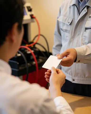 Technician in gray uniform hands a white card to a customer at a testing station with red and black cables under warm light.