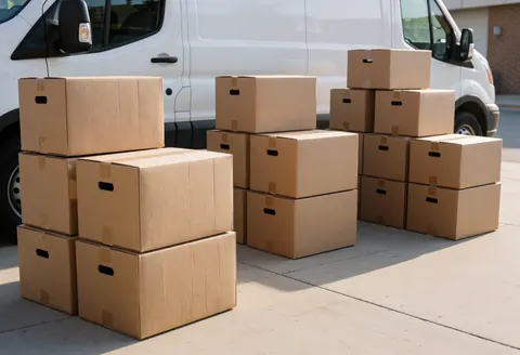 Stacked cardboard boxes of bread prepared for delivery in front of a white van outside a bakery