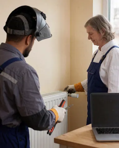 A technician wearing a welding helmet displays a white radiator connection to a customer, holding tools in hand.