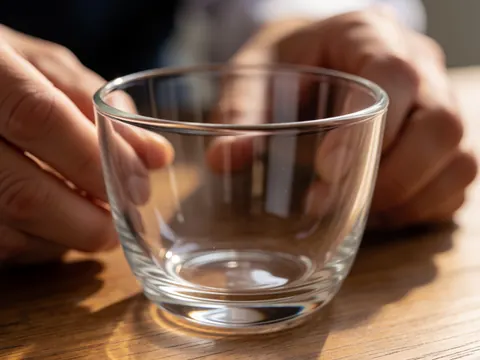 Transparent borosilicate glass resting on a wooden surface, captured in macro detail with natural lighting for cupping massage therapy.