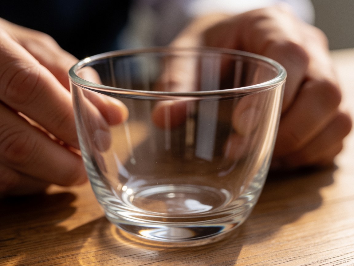Transparent borosilicate glass resting on a wooden surface, captured in macro detail with natural lighting for cupping massage therapy.