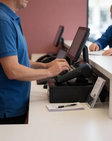 Staff member operating a point of sale terminal to help a client in a modern retail space with pink walls and a white table.
