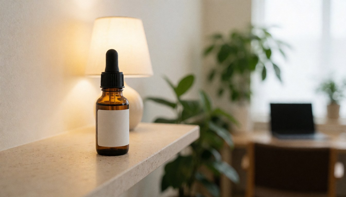 Empty homeopathy bottle with dropper on stone shelf, warm light and green plants in background