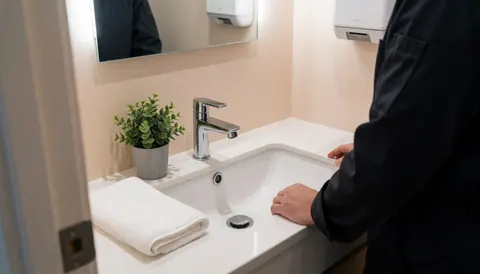 Clean bathroom sink with a modern faucet, folded towel, and small plant, ideal for a beauty salon setting.