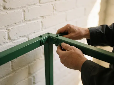 Close-up view of green painted metal joints with polished finish being assembled against a white brick wall background