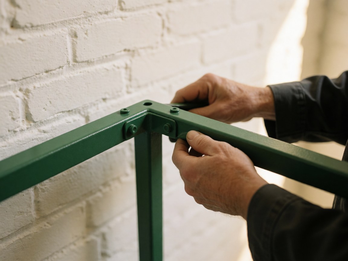 Close-up view of green painted metal joints with polished finish being assembled against a white brick wall background