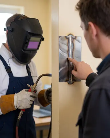 A satisfied client checks a welded metal seam on a beige wall while a welder in a helmet stands in the background.