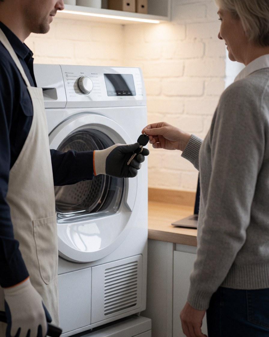 Technician in gloves hands keys to customer in front of repaired white dryer in workshop with white brick wall and warm lighting
