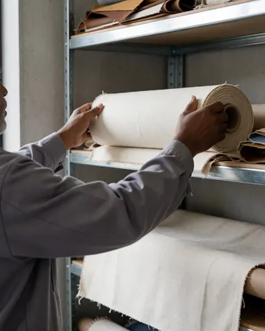 Close-up of a hand holding a roll of canvas fabric in a workshop setting with metal shelving and concrete walls.