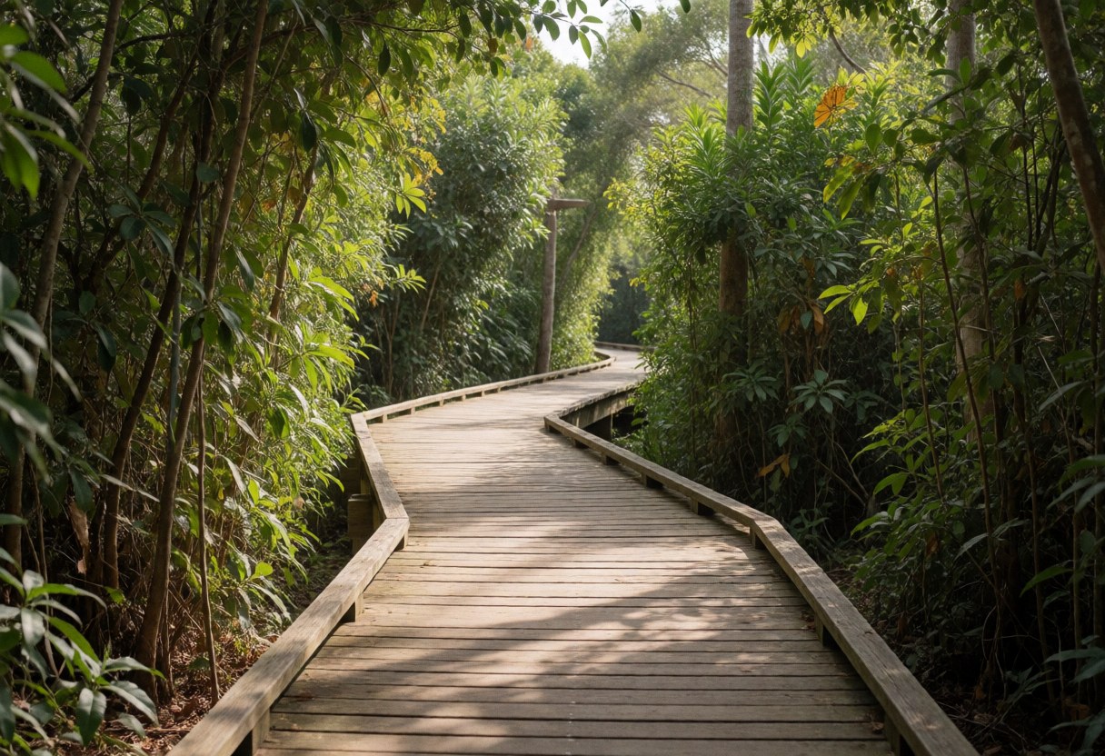 A wooden path winds through lush greenery in an adventure park with filtered sunlight creating a natural atmosphere