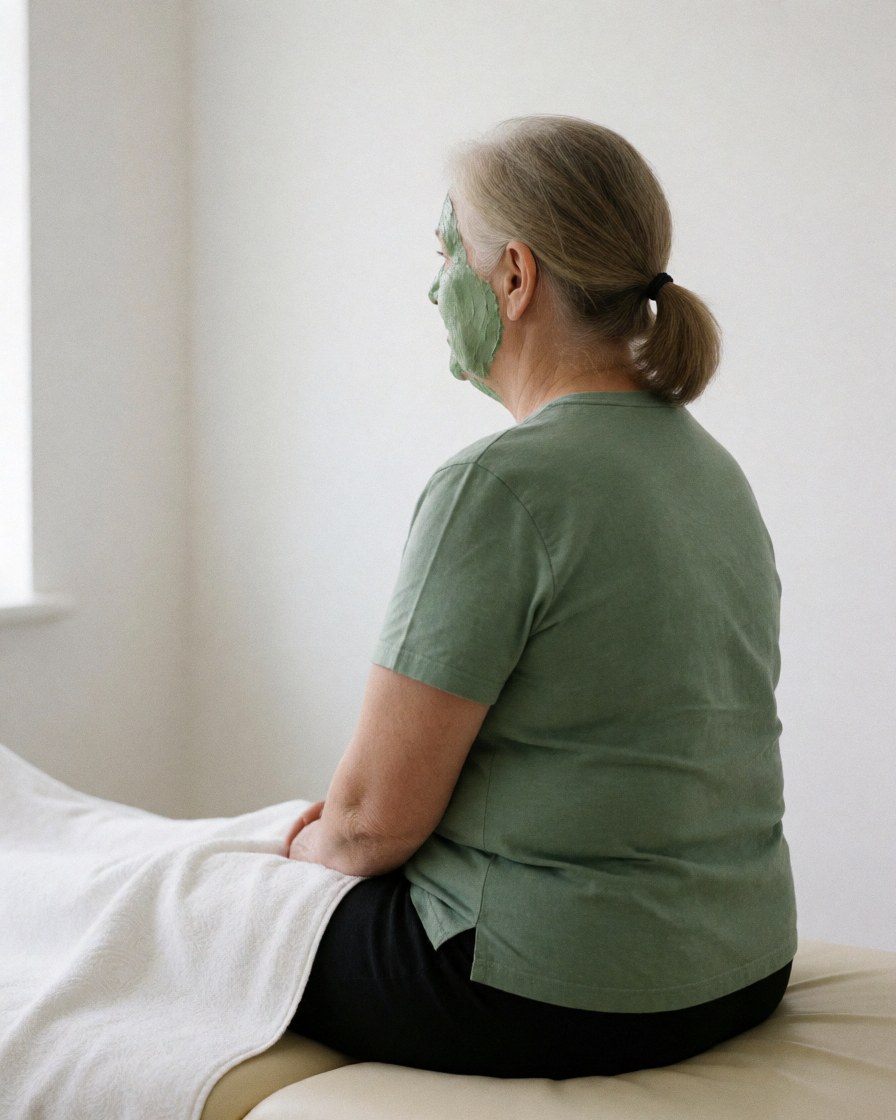Adult woman with green mask sitting on table in clinic, white walls, calm and professional atmosphere