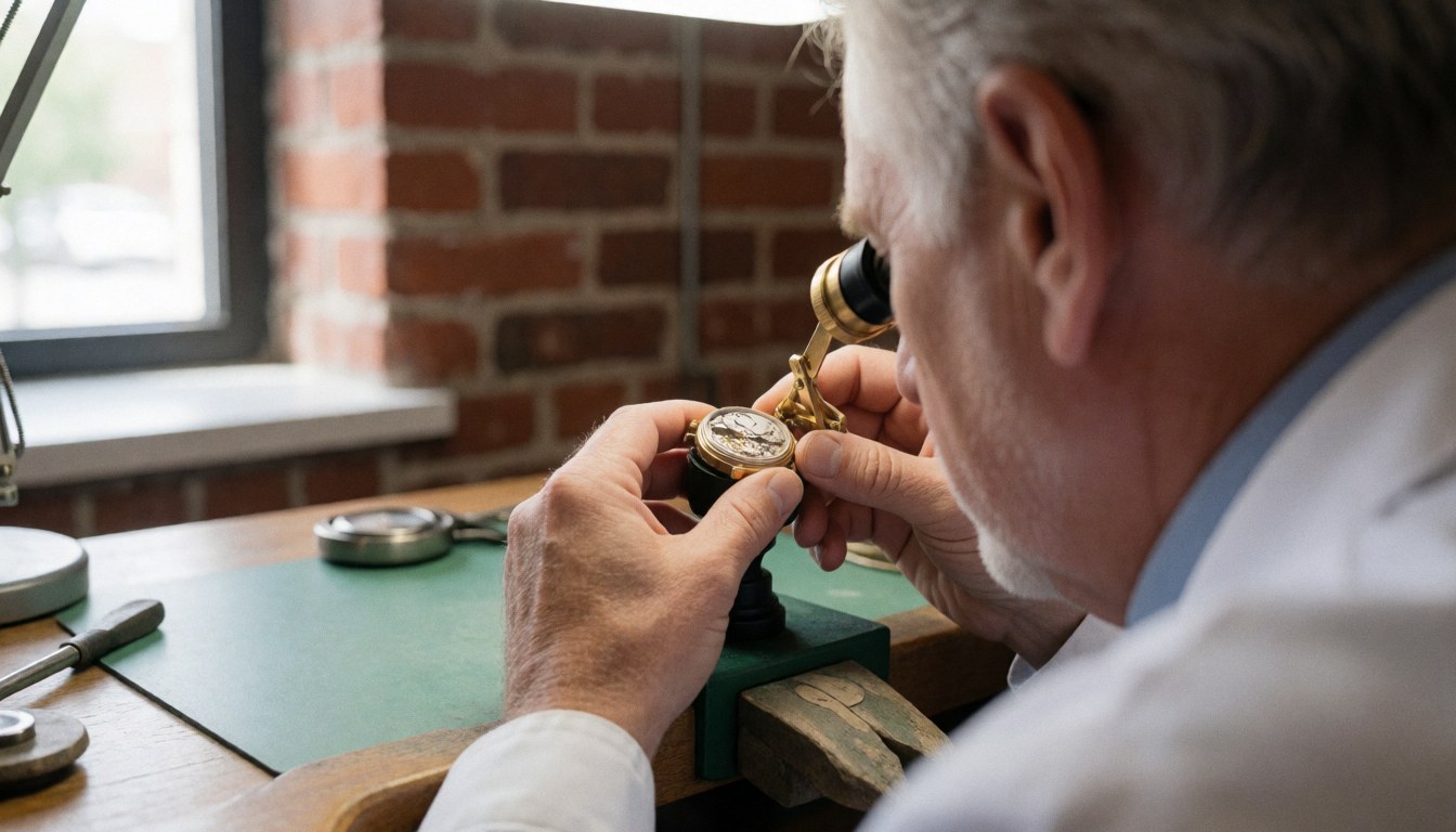 A watch repair technician inspects a wristwatch using a brass loupe in a workshop with a brick wall and natural lighting