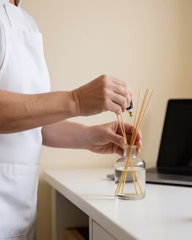 A close-up view of a hand pouring essential oil into a cotton swab diffuser on a clean white table, preparing an aromatic environment.