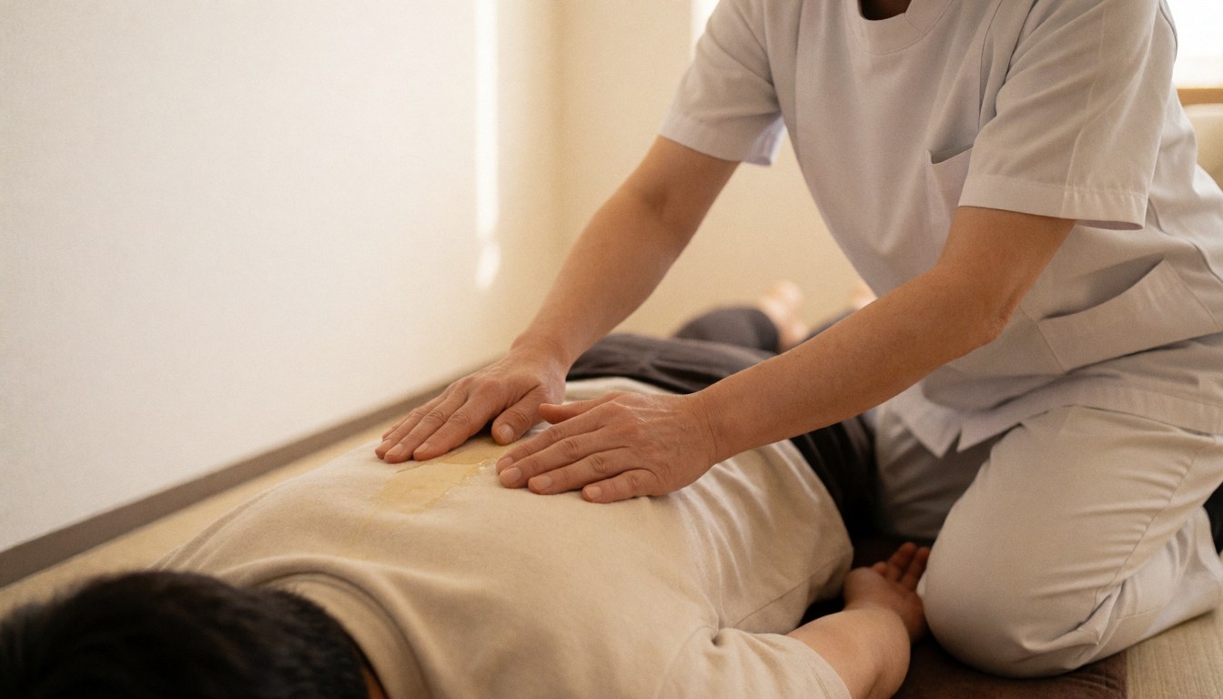 A massage therapist applies oil to a client's back during a Thai massage session in a salon with natural light and a white wall