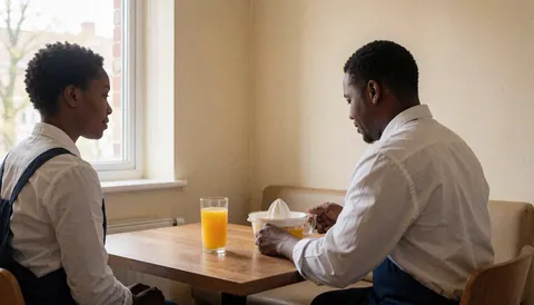 A man squeezing an orange on a wooden table in an apartment hotel with beige walls and natural light.
