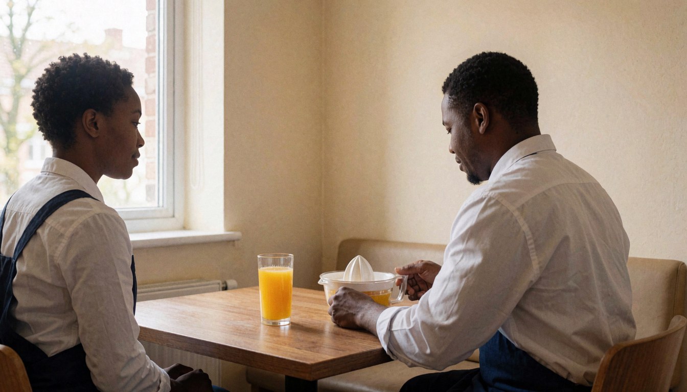 A man squeezing an orange on a wooden table in an apartment hotel with beige walls and natural light.