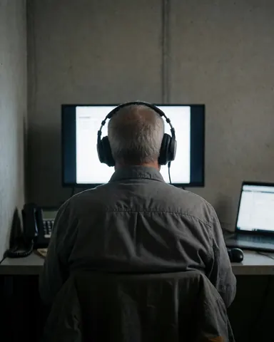 A person wearing headphones while using a streaming service in an office with a concrete wall and laptop.