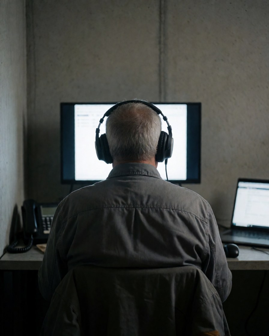 A person wearing headphones while using a streaming service in an office with a concrete wall and laptop.